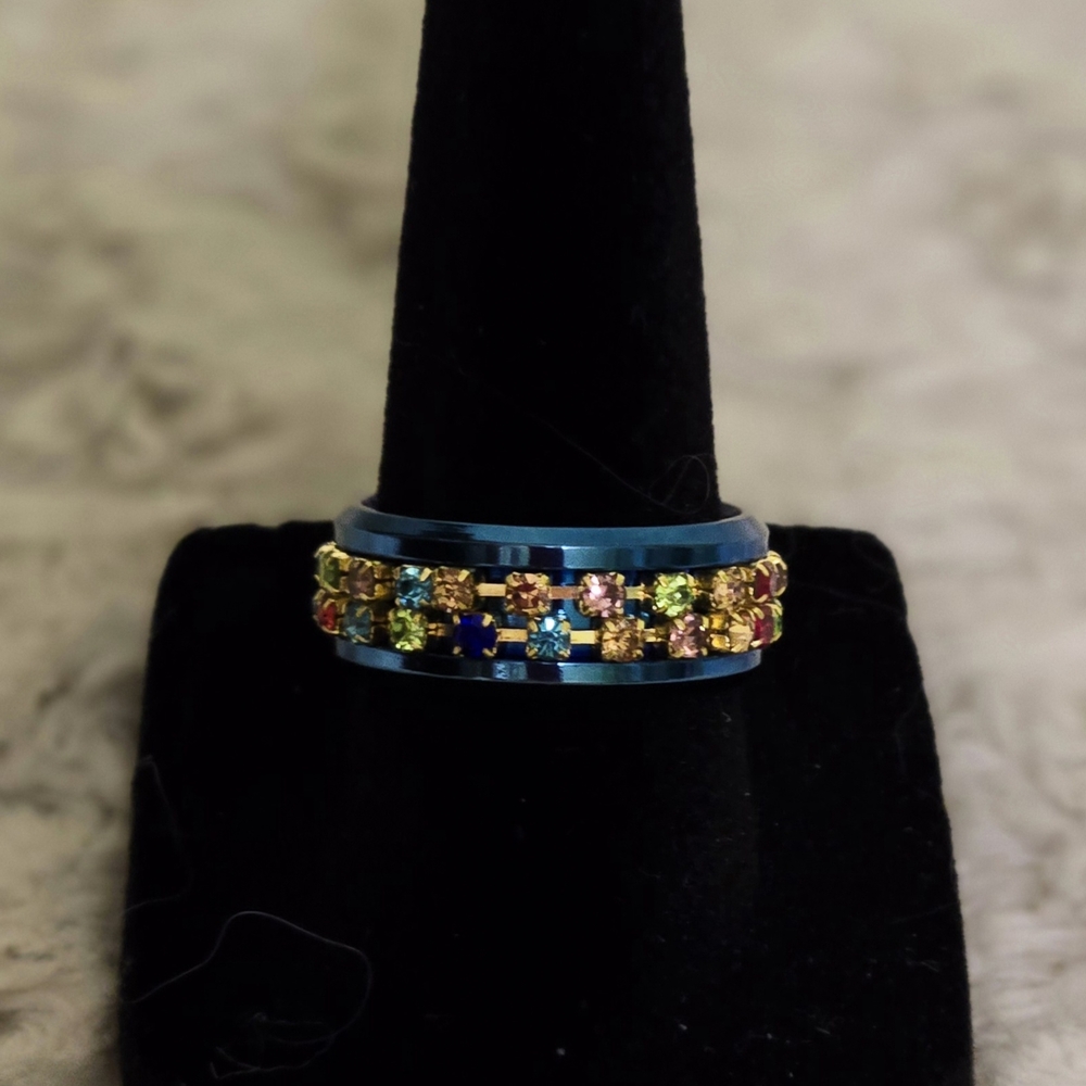 Stainless Steel Vibrant Blue and Yellow Gold Ring‎ with Multi-Colored Stones NWT